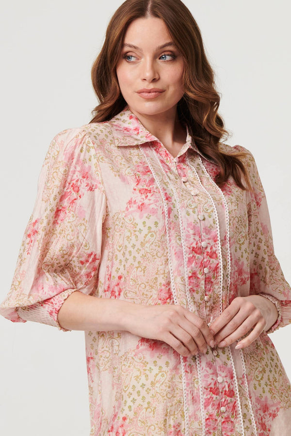 Pink | Floral Lace Trim 3/4 Puff Sleeve Shirt