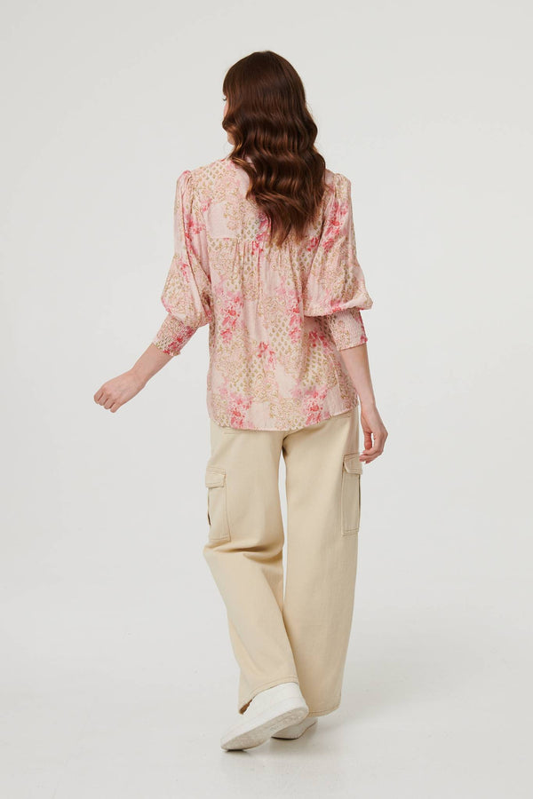 Pink | Floral Lace Trim 3/4 Puff Sleeve Shirt