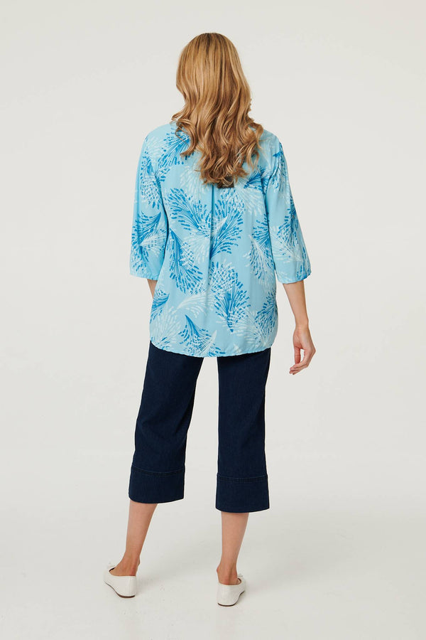 Blue | Printed Sequin 3/4 Sleeve Relaxed Blouse