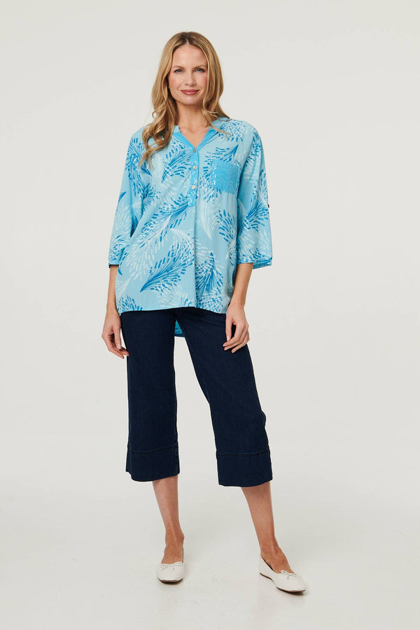 Blue | Printed Sequin 3/4 Sleeve Relaxed Blouse