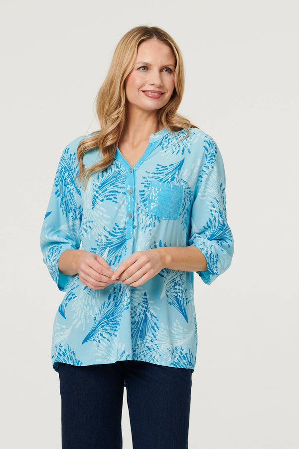 Blue | Printed Sequin 3/4 Sleeve Relaxed Blouse