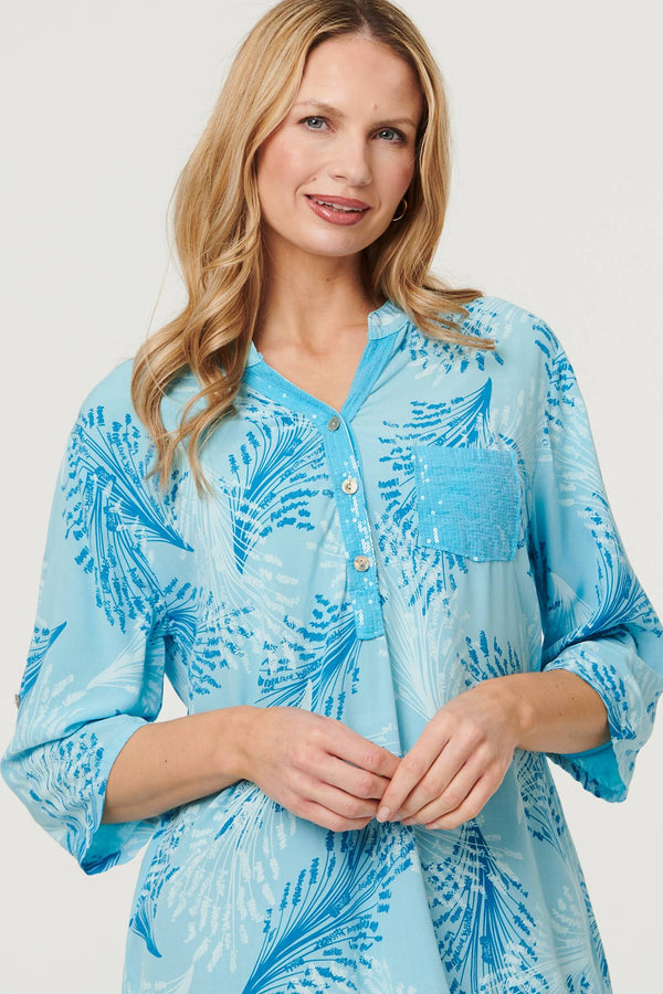 Blue | Printed Sequin 3/4 Sleeve Relaxed Blouse