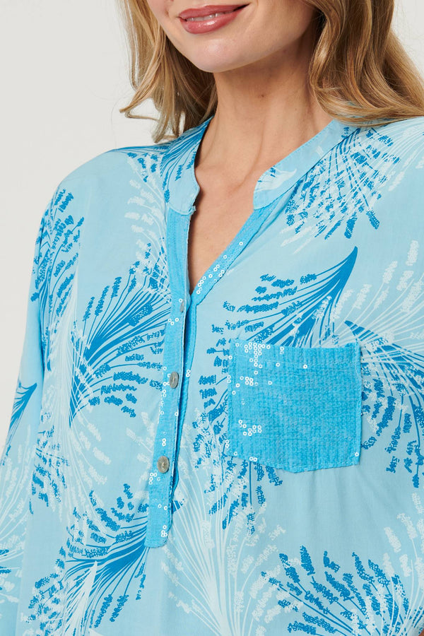 Blue | Printed Sequin 3/4 Sleeve Relaxed Blouse