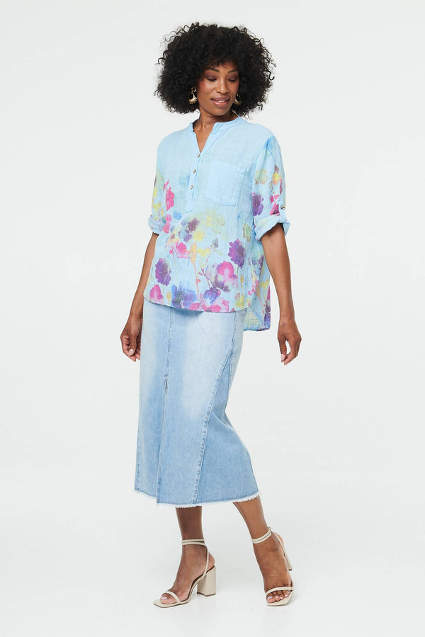 Blue | Floral Turn-Up Sleeve Curve Hem Blouse