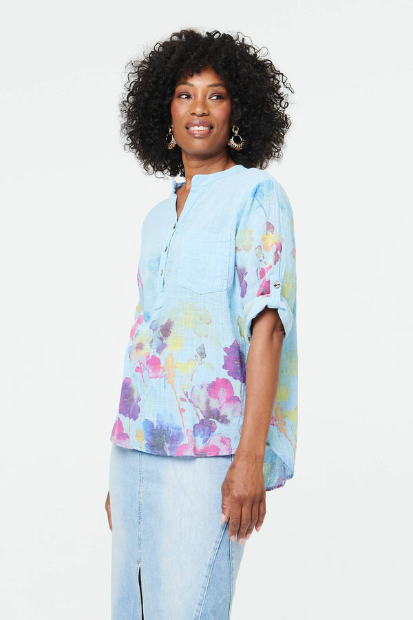 Blue | Floral Turn-Up Sleeve Curve Hem Blouse
