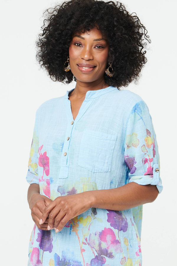 Blue | Floral Turn-Up Sleeve Curve Hem Blouse