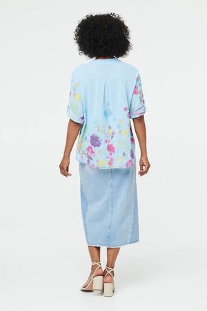 Blue | Floral Turn-Up Sleeve Curve Hem Blouse