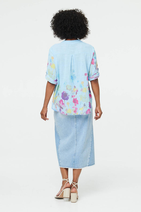 Blue | Floral Turn-Up Sleeve Curve Hem Blouse