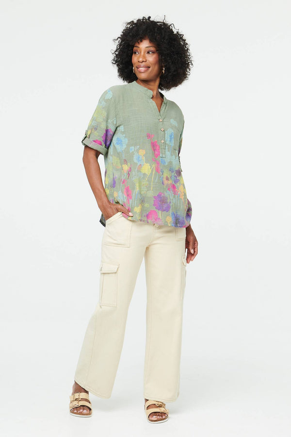 Khaki | Floral Turn-Up Sleeve Curve Hem Blouse