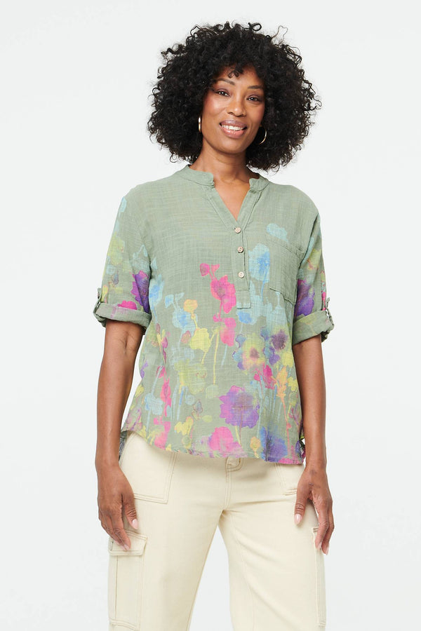 Khaki | Floral Turn-Up Sleeve Curve Hem Blouse