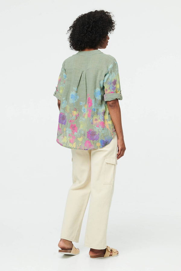 Khaki | Floral Turn-Up Sleeve Curve Hem Blouse