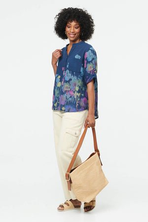 Navy | Floral Turn-Up Sleeve Curve Hem Blouse