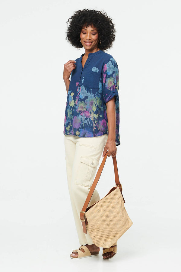 Navy | Floral Turn-Up Sleeve Curve Hem Blouse