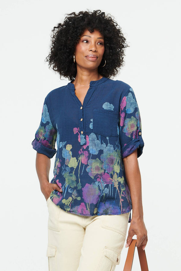 Navy | Floral Turn-Up Sleeve Curve Hem Blouse