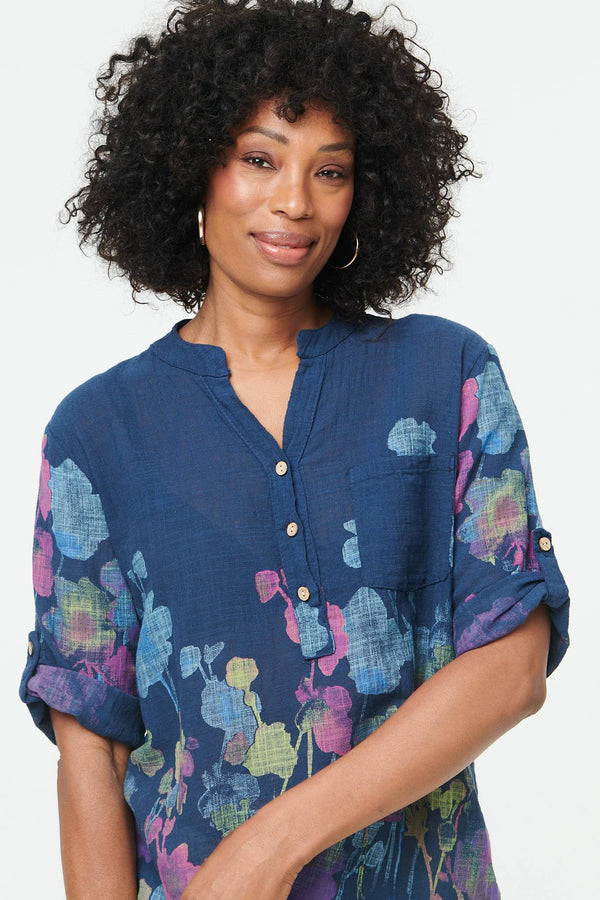 Navy | Floral Turn-Up Sleeve Curve Hem Blouse