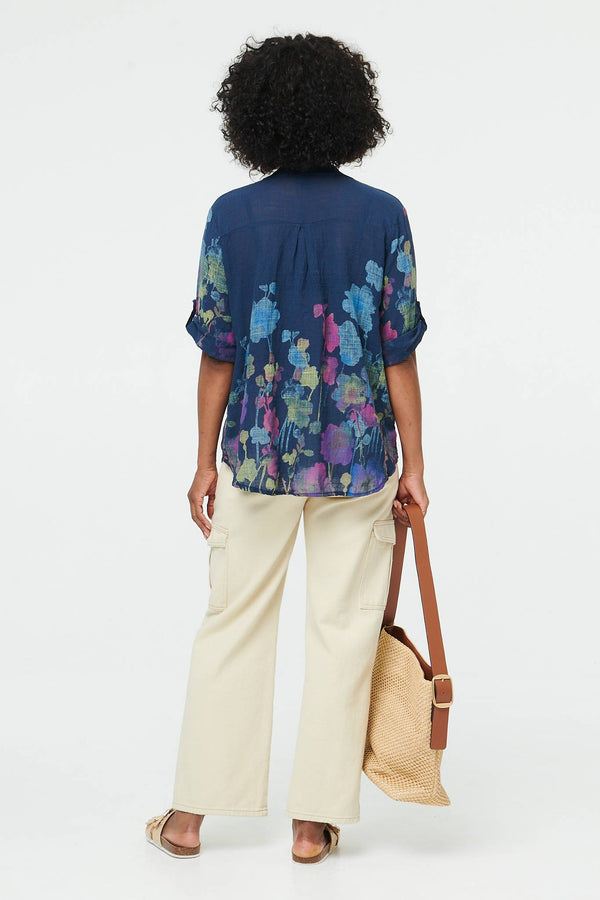 Navy | Floral Turn-Up Sleeve Curve Hem Blouse