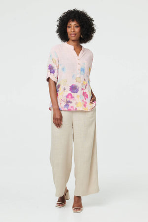 Pink | Floral Turn-Up Sleeve Curve Hem Blouse