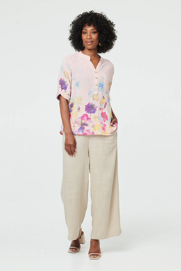 Pink | Floral Turn-Up Sleeve Curve Hem Blouse