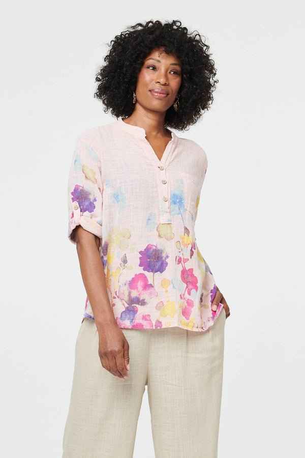 Pink | Floral Turn-Up Sleeve Curve Hem Blouse