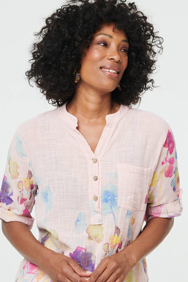 Pink | Floral Turn-Up Sleeve Curve Hem Blouse
