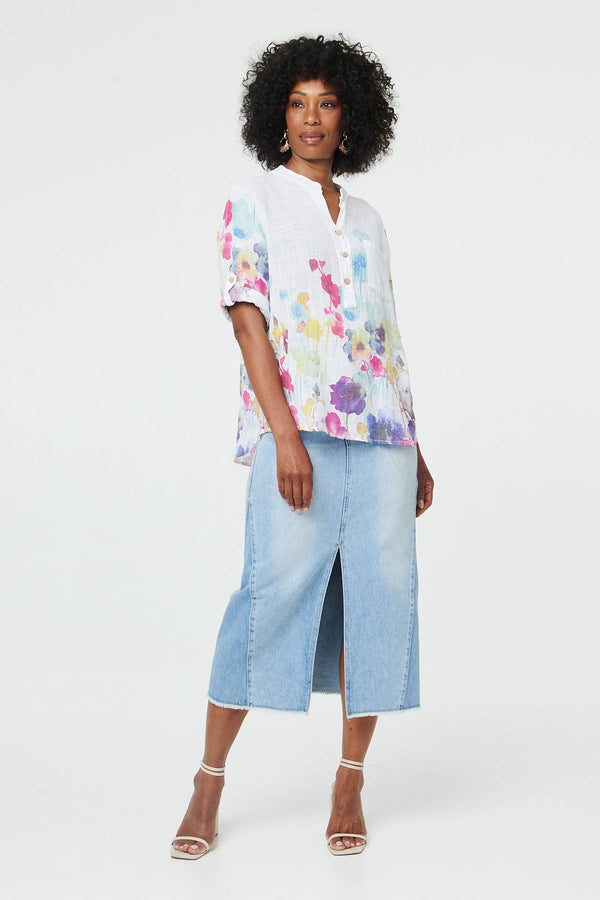 White | Floral Turn-Up Sleeve Curve Hem Blouse