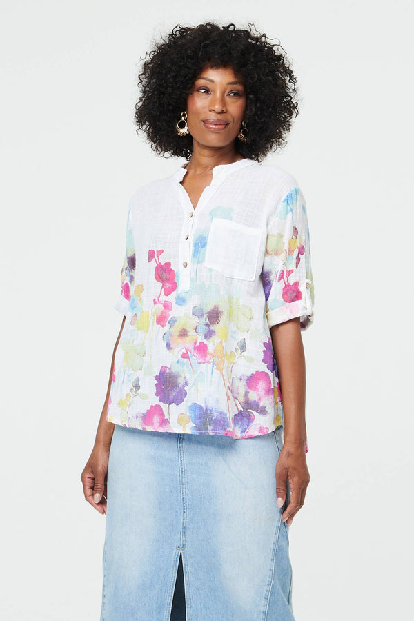 White | Floral Turn-Up Sleeve Curve Hem Blouse