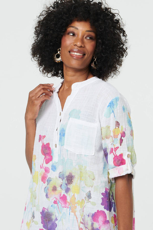 White | Floral Turn-Up Sleeve Curve Hem Blouse