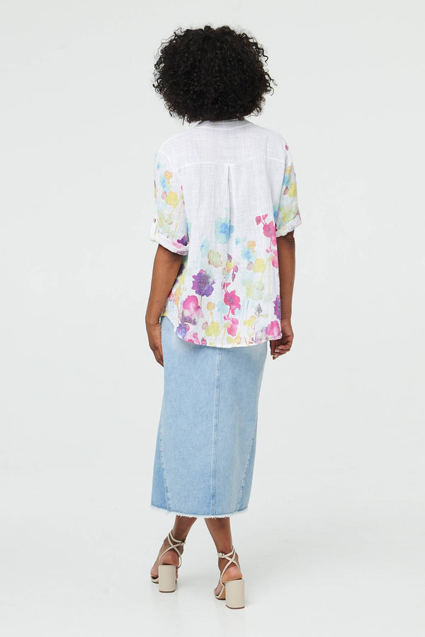 White | Floral Turn-Up Sleeve Curve Hem Blouse