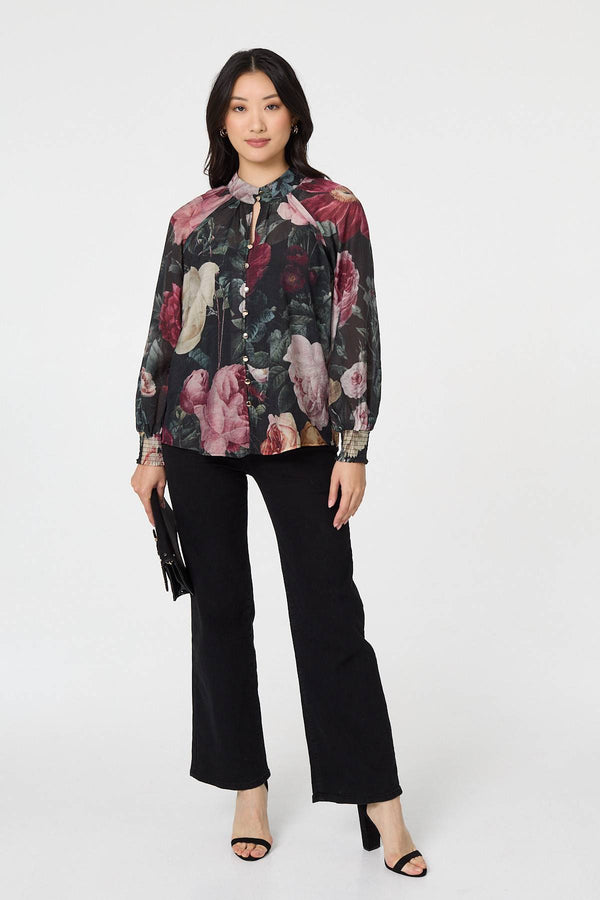 Black | Floral Semi Sheer Button Front Shirt
