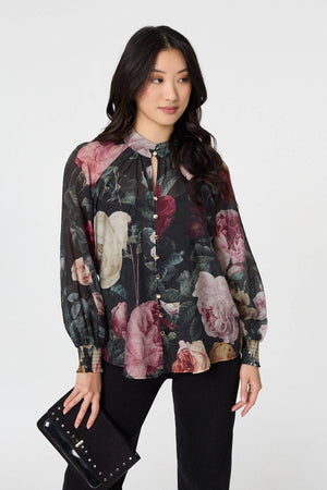Black | Floral Semi Sheer Button Front Shirt
