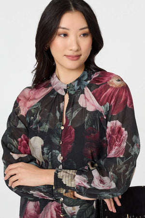Black | Floral Semi Sheer Button Front Shirt
