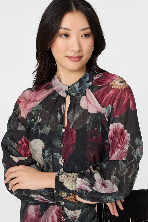 Black | Floral Semi Sheer Button Front Shirt
