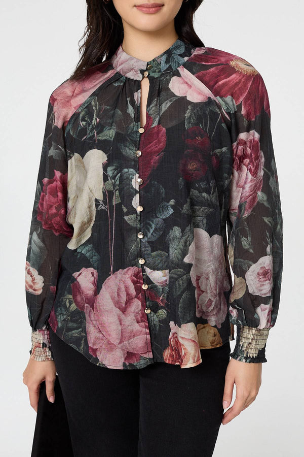Black | Floral Semi Sheer Button Front Shirt
