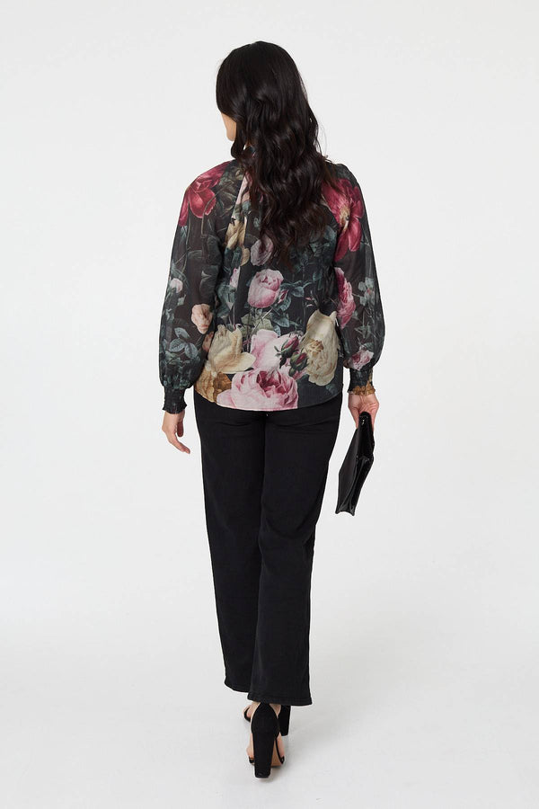 Black | Floral Semi Sheer Button Front Shirt
