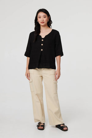 Black | Button Detail 3/4 Sleeve Relaxed Blouse

