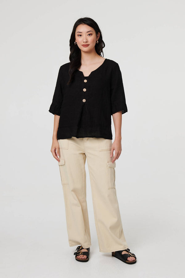 Black | Button Detail 3/4 Sleeve Relaxed Blouse

