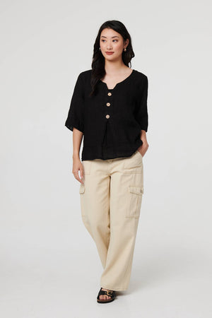Black | Button Detail 3/4 Sleeve Relaxed Blouse

