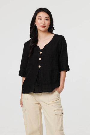 Black | Button Detail 3/4 Sleeve Relaxed Blouse : Model is 5'9