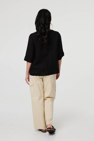 Black | Button Detail 3/4 Sleeve Relaxed Blouse
