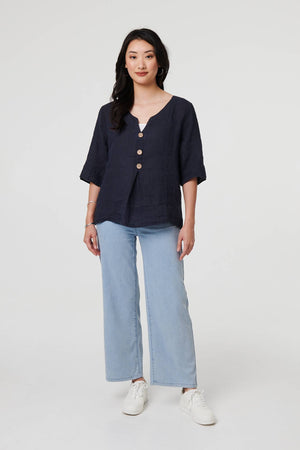 Navy | Button Detail 3/4 Sleeve Relaxed Blouse
