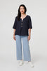 Navy | Button Detail 3/4 Sleeve Relaxed Blouse
