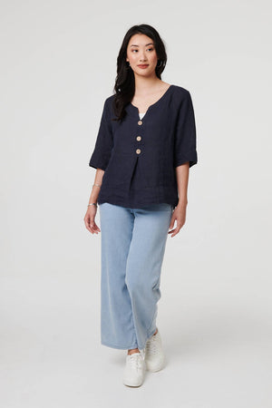 Navy | Button Detail 3/4 Sleeve Relaxed Blouse
