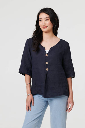 Navy | Button Detail 3/4 Sleeve Relaxed Blouse : Model is 5'9