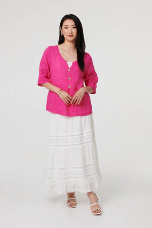 Pink | Button Detail 3/4 Sleeve Relaxed Blouse
