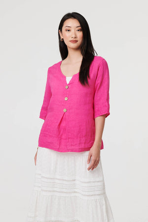 Pink | Button Detail 3/4 Sleeve Relaxed Blouse
