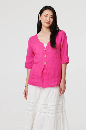 Pink | Button Detail 3/4 Sleeve Relaxed Blouse : Model is 5'9