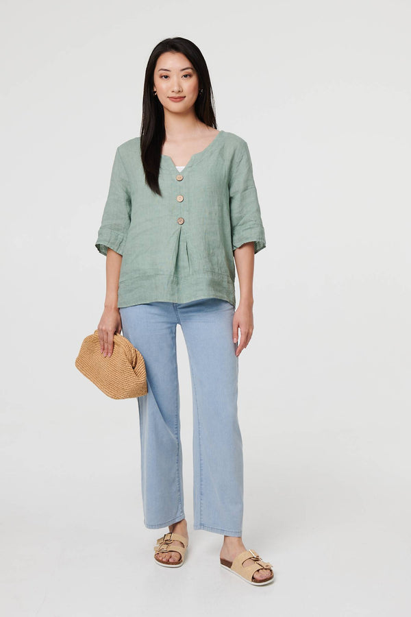 Sage | Button Detail 3/4 Sleeve Relaxed Blouse
