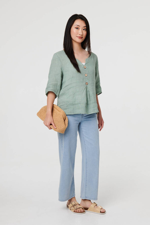 Sage | Button Detail 3/4 Sleeve Relaxed Blouse
