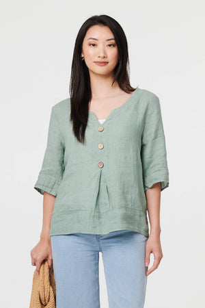 Sage | Button Detail 3/4 Sleeve Relaxed Blouse : Model is 5'9