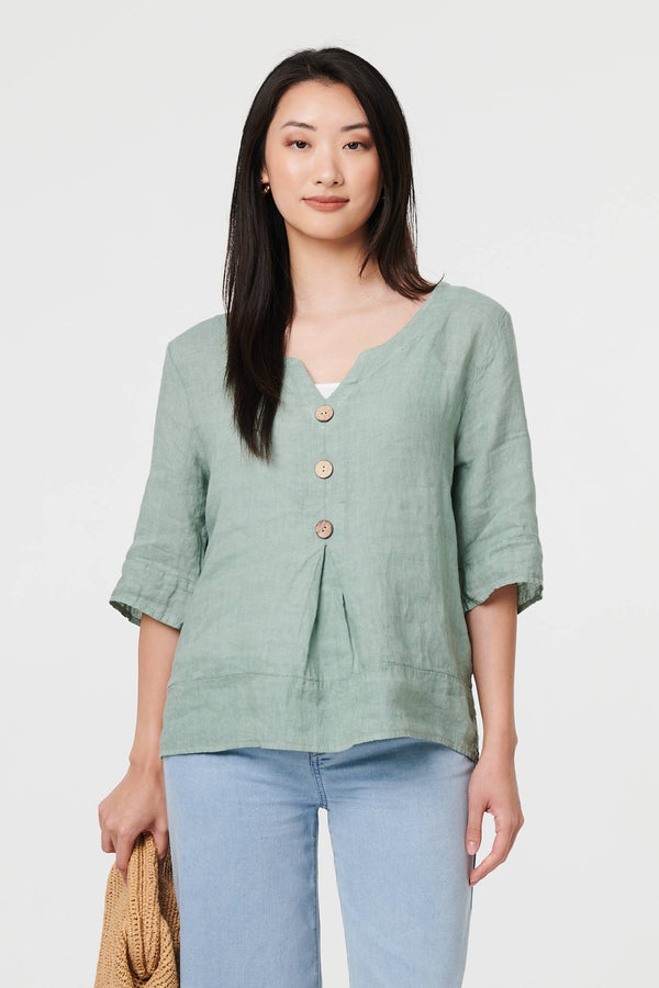 Sage | Button Detail 3/4 Sleeve Relaxed Blouse
